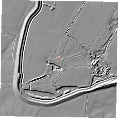 Shaded relief map of the ground around PO207PA, computed from Environment Agency LiDAR. The ground here sits at about 4 m above sea level and falls 7 m across the surrounding 800 m. Surface water reaching this point runs off ground lying to the west-north-west, 0.5 m higher.
