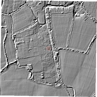 Shaded relief map of the ground around PO207QX, computed from Environment Agency LiDAR. The ground here sits at about 6 m above sea level and falls 5 m across the surrounding 800 m. Surface water reaching this point runs off ground lying to the north, 2.4 m higher.