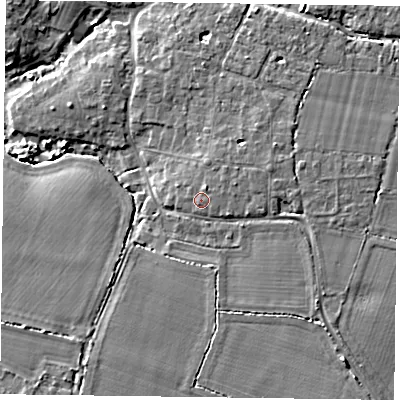 Shaded relief map of the ground around PO208AA, computed from Environment Agency LiDAR. The ground here sits at about 5 m above sea level and falls 7 m across the surrounding 800 m. Surface water reaching this point runs off ground lying to the north-north-east, 0.8 m higher.