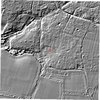 Shaded relief map of the ground around PO208AB, computed from Environment Agency LiDAR. The ground here sits at about 4 m above sea level and falls 6 m across the surrounding 800 m. Surface water reaching this point runs off ground lying to the east, 2.5 m higher.
