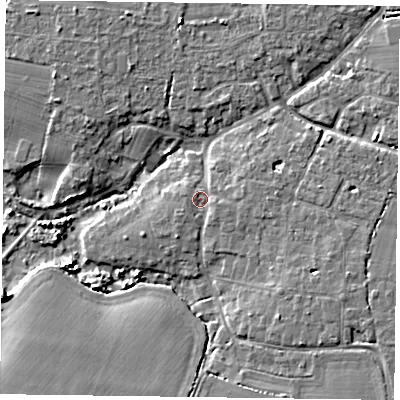 Shaded relief map of the ground around PO208AD, computed from Environment Agency LiDAR. The ground here sits at about 4 m above sea level and falls 6 m across the surrounding 800 m. Surface water reaching this point runs off ground lying to the east, 1.2 m higher.