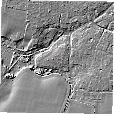 Shaded relief map of the ground around PO208AH, computed from Environment Agency LiDAR. The ground here sits at about 4 m above sea level and falls 5 m across the surrounding 800 m. Surface water reaching this point runs off ground lying to the east-north-east, 0.7 m higher.