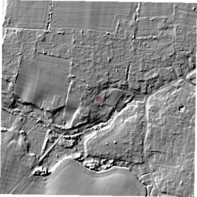 Shaded relief map of the ground around PO208AJ, computed from Environment Agency LiDAR. The ground here sits at about 3 m above sea level and falls 6 m across the surrounding 800 m. Surface water reaching this point runs off ground lying to the north-west, 2.6 m higher.