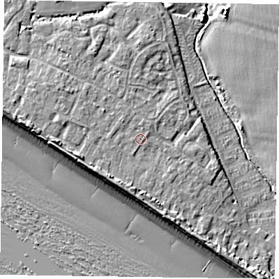 Shaded relief map of the ground around PO208AQ, computed from Environment Agency LiDAR. The ground here sits at about 4 m above sea level and falls 9 m across the surrounding 800 m. Surface water reaching this point runs off ground lying to the north, 0.6 m higher.