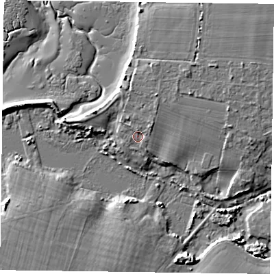 Shaded relief map of the ground around PO208AT, computed from Environment Agency LiDAR. The ground here sits at about 4 m above sea level and falls 7 m across the surrounding 800 m. Surface water reaching this point runs off ground lying to the north-east, 1.9 m higher.