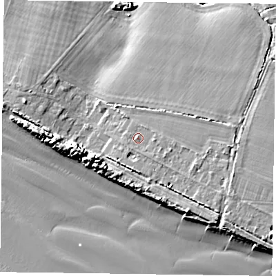 Shaded relief map of the ground around PO208AU, computed from Environment Agency LiDAR. The ground here sits at about 6 m above sea level and falls 11 m across the surrounding 800 m. Surface water reaching this point runs off ground lying to the east-south-east, 1.2 m higher.