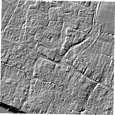 Shaded relief map of the ground around PO208BB, computed from Environment Agency LiDAR. The ground here sits at about 5 m above sea level and falls 7 m across the surrounding 800 m. Surface water reaching this point runs off ground lying to the north-north-east, 1.4 m higher.