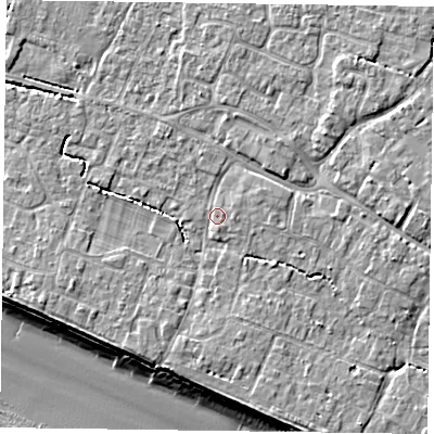 Shaded relief map of the ground around PO208BG, computed from Environment Agency LiDAR. The ground here sits at about 5 m above sea level and falls 9 m across the surrounding 800 m. Surface water reaching this point runs off ground lying to the east-north-east, 3.0 m higher.