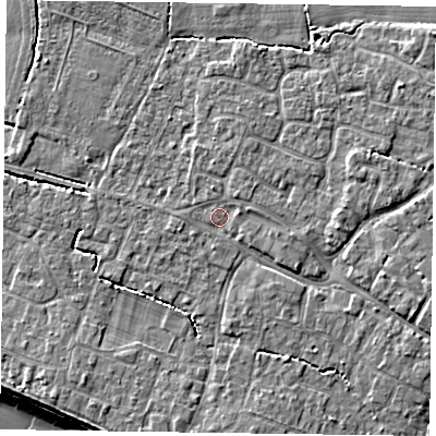 Shaded relief map of the ground around PO208BH, computed from Environment Agency LiDAR. The ground here sits at about 5 m above sea level and falls 7 m across the surrounding 800 m. Surface water reaching this point runs off ground lying to the north-east, 1.2 m higher.
