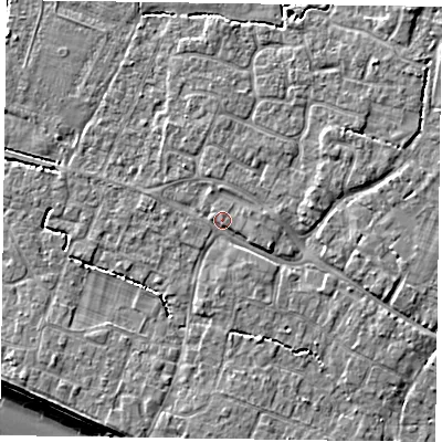 Shaded relief map of the ground around PO208BJ, computed from Environment Agency LiDAR. The ground here sits at about 6 m above sea level and falls 8 m across the surrounding 800 m. Surface water reaching this point runs off ground lying to the north-north-west, 1.3 m higher.