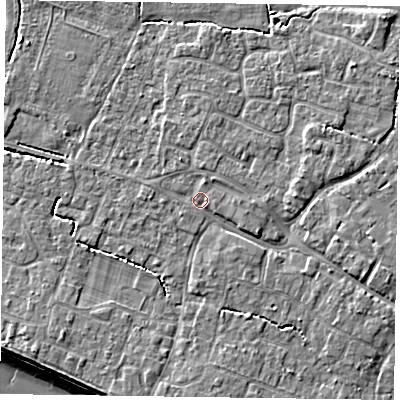 Shaded relief map of the ground around PO208BP, computed from Environment Agency LiDAR. The ground here sits at about 5 m above sea level and falls 7 m across the surrounding 800 m. Surface water reaching this point runs off ground lying to the north, 1.2 m higher.