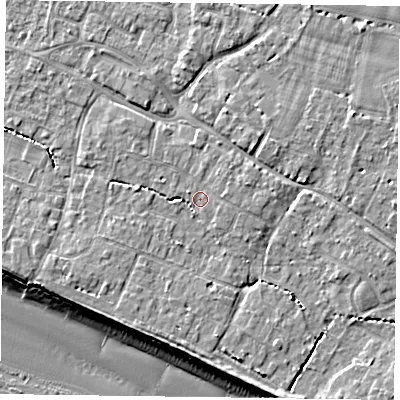 Shaded relief map of the ground around PO208BU, computed from Environment Agency LiDAR. The ground here sits at about 5 m above sea level and falls 9 m across the surrounding 800 m. Surface water reaching this point runs off ground lying to the west-south-west, 2.1 m higher.