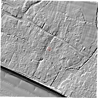 Shaded relief map of the ground around PO208DA, computed from Environment Agency LiDAR. The ground here sits at about 5 m above sea level and falls 9 m across the surrounding 800 m. Surface water reaching this point runs off ground lying to the north-north-west, 3.4 m higher.