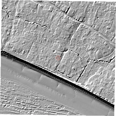 Shaded relief map of the ground around PO208DB, computed from Environment Agency LiDAR. The ground here sits at about 5 m above sea level and falls 9 m across the surrounding 800 m. Surface water reaching this point runs off ground lying to the south-south-west, 1.3 m higher.