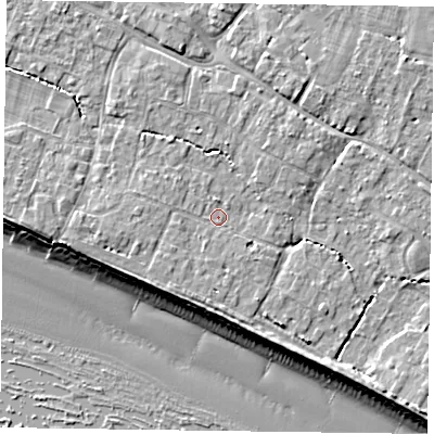 Shaded relief map of the ground around PO208DD, computed from Environment Agency LiDAR. The ground here sits at about 5 m above sea level and falls 9 m across the surrounding 800 m. Surface water reaching this point runs off ground lying to the west, 1.4 m higher.