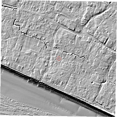 Shaded relief map of the ground around PO208DF, computed from Environment Agency LiDAR. The ground here sits at about 5 m above sea level and falls 9 m across the surrounding 800 m. Surface water reaching this point runs off ground lying to the south-south-west, 1.2 m higher.