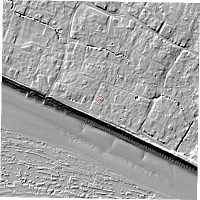 Shaded relief map of the ground around PO208DG, computed from Environment Agency LiDAR. The ground here sits at about 6 m above sea level and falls 9 m across the surrounding 800 m. Surface water reaching this point runs off ground lying to the west-north-west, 1.0 m higher.