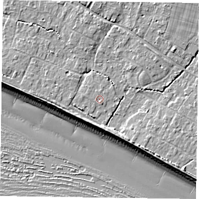 Shaded relief map of the ground around PO208DL, computed from Environment Agency LiDAR. The ground here sits at about 5 m above sea level and falls 9 m across the surrounding 800 m. Surface water reaching this point runs off ground lying to the south-south-east, 0.7 m higher.