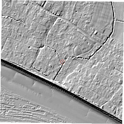Shaded relief map of the ground around PO208DN, computed from Environment Agency LiDAR. The ground here sits at about 4 m above sea level and falls 9 m across the surrounding 800 m. Surface water reaching this point runs off ground lying to the south-south-east, 3.3 m higher.