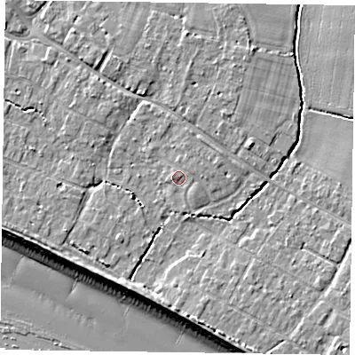 Shaded relief map of the ground around PO208DP, computed from Environment Agency LiDAR. The ground here sits at about 5 m above sea level and falls 9 m across the surrounding 800 m. Surface water reaching this point runs off ground lying to the west-north-west, 0.7 m higher.