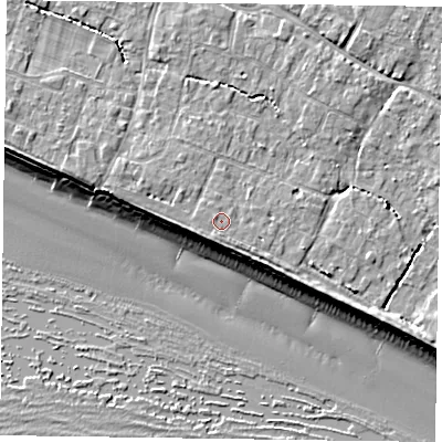 Shaded relief map of the ground around PO208DQ, computed from Environment Agency LiDAR. The ground here sits at about 5 m above sea level and falls 9 m across the surrounding 800 m. Surface water reaching this point runs off ground lying to the south-south-west, 0.6 m higher.