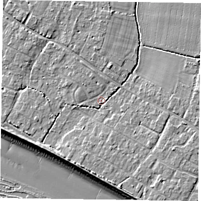 Shaded relief map of the ground around PO208DR, computed from Environment Agency LiDAR. The ground here sits at about 5 m above sea level and falls 9 m across the surrounding 800 m. Surface water reaching this point runs off ground lying to the north-west, 3.4 m higher.