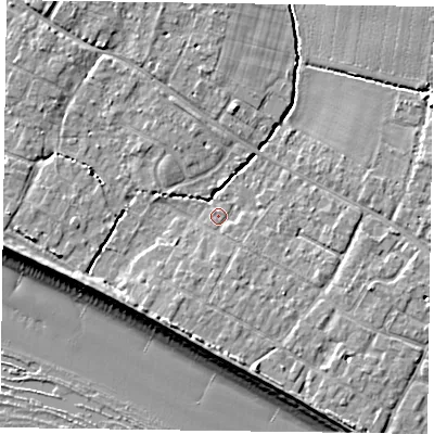 Shaded relief map of the ground around PO208DS, computed from Environment Agency LiDAR. The ground here sits at about 4 m above sea level and falls 10 m across the surrounding 800 m. Surface water reaching this point runs off ground lying to the south-south-west, 2.5 m higher.