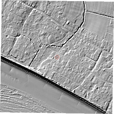 Shaded relief map of the ground around PO208DW, computed from Environment Agency LiDAR. The ground here sits at about 5 m above sea level and falls 9 m across the surrounding 800 m. Surface water reaching this point runs off ground lying to the south-south-west, 2.3 m higher.