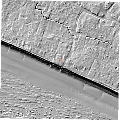 Shaded relief map of the ground around PO208DX, computed from Environment Agency LiDAR. The ground here sits at about 6 m above sea level and falls 9 m across the surrounding 800 m. Surface water reaching this point runs off ground lying to the west-south-west, 0.6 m higher.
