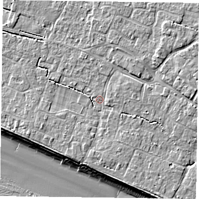 Shaded relief map of the ground around PO208DZ, computed from Environment Agency LiDAR. The ground here sits at about 5 m above sea level and falls 9 m across the surrounding 800 m. Surface water reaching this point runs off ground lying to the east-north-east, 3.0 m higher.