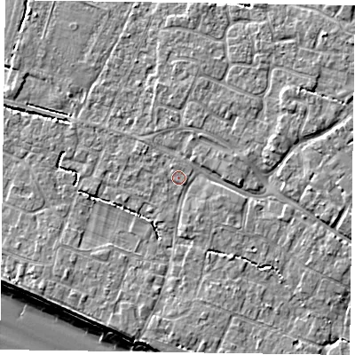 Shaded relief map of the ground around PO208EA, computed from Environment Agency LiDAR. The ground here sits at about 5 m above sea level and falls 8 m across the surrounding 800 m. Surface water reaching this point runs off ground lying to the north-west, 1.0 m higher.