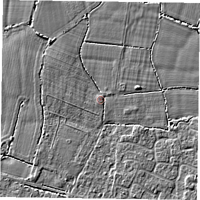 Shaded relief map of the ground around PO208ED, computed from Environment Agency LiDAR. The ground here sits at about 6 m above sea level and falls 5 m across the surrounding 800 m. Surface water reaching this point runs off ground lying to the north-west, 2.0 m higher.