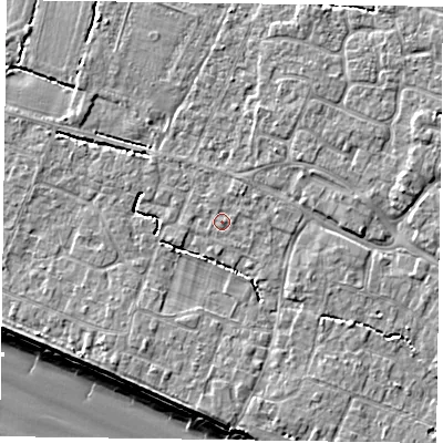 Shaded relief map of the ground around PO208EE, computed from Environment Agency LiDAR. The ground here sits at about 5 m above sea level and falls 9 m across the surrounding 800 m. Surface water reaching this point runs off ground lying to the north-north-east, 0.9 m higher.