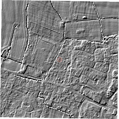 Shaded relief map of the ground around PO208EF, computed from Environment Agency LiDAR. The ground here sits at about 5 m above sea level and falls 4 m across the surrounding 800 m. Surface water reaching this point runs off ground lying to the east-north-east, 0.9 m higher.