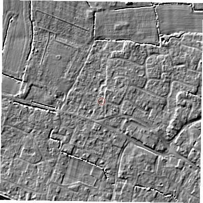 Shaded relief map of the ground around PO208EQ, computed from Environment Agency LiDAR. The ground here sits at about 5 m above sea level and falls 6 m across the surrounding 800 m. Surface water reaching this point runs off ground lying to the east-north-east, 0.7 m higher.