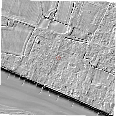 Shaded relief map of the ground around PO208ET, computed from Environment Agency LiDAR. The ground here sits at about 5 m above sea level and falls 9 m across the surrounding 800 m. Surface water reaching this point runs off ground lying to the west-south-west, 1.2 m higher.