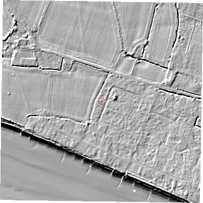 Shaded relief map of the ground around PO208EU, computed from Environment Agency LiDAR. The ground here sits at about 5 m above sea level and falls 10 m across the surrounding 800 m. Surface water reaching this point runs off ground lying to the east-north-east, 3.2 m higher.