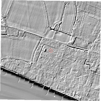 Shaded relief map of the ground around PO208EX, computed from Environment Agency LiDAR. The ground here sits at about 5 m above sea level and falls 9 m across the surrounding 800 m. Surface water reaching this point runs off ground lying to the east-north-east, 0.7 m higher.