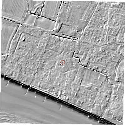 Shaded relief map of the ground around PO208EY, computed from Environment Agency LiDAR. The ground here sits at about 5 m above sea level and falls 9 m across the surrounding 800 m. Surface water reaching this point runs off ground lying to the south, 0.6 m higher.