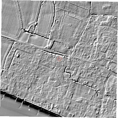 Shaded relief map of the ground around PO208EZ, computed from Environment Agency LiDAR. The ground here sits at about 5 m above sea level and falls 9 m across the surrounding 800 m. Surface water reaching this point runs off ground lying to the east-north-east, 1.9 m higher.