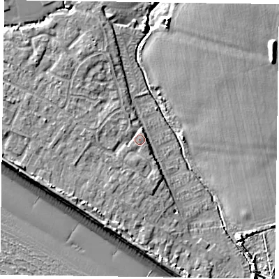 Shaded relief map of the ground around PO208FB, computed from Environment Agency LiDAR. The ground here sits at about 4 m above sea level and falls 9 m across the surrounding 800 m. Surface water reaching this point runs off ground lying to the west, 1.8 m higher.