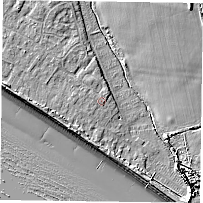 Shaded relief map of the ground around PO208FD, computed from Environment Agency LiDAR. The ground here sits at about 4 m above sea level and falls 9 m across the surrounding 800 m. Surface water reaching this point runs off ground lying to the west, 2.8 m higher.