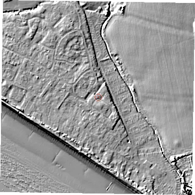 Shaded relief map of the ground around PO208FE, computed from Environment Agency LiDAR. The ground here sits at about 4 m above sea level and falls 9 m across the surrounding 800 m. Surface water reaching this point runs off ground lying to the west-north-west, 1.4 m higher.
