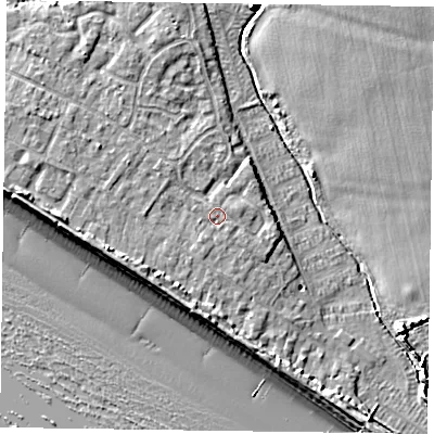 Shaded relief map of the ground around PO208FF, computed from Environment Agency LiDAR. The ground here sits at about 4 m above sea level and falls 8 m across the surrounding 800 m. Surface water reaching this point runs off ground lying to the west-south-west, 2.6 m higher.