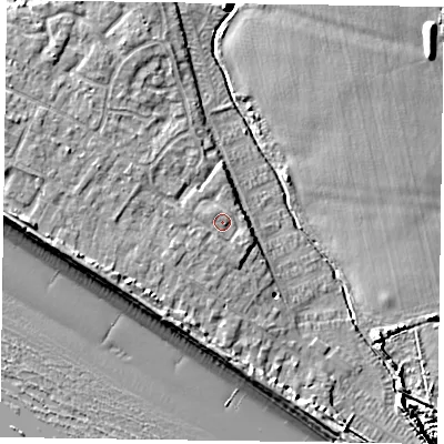 Shaded relief map of the ground around PO208FH, computed from Environment Agency LiDAR. The ground here sits at about 4 m above sea level and falls 9 m across the surrounding 800 m. Surface water reaching this point runs off ground lying to the west-north-west, 0.9 m higher.
