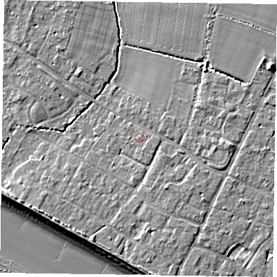 Shaded relief map of the ground around PO208FL, computed from Environment Agency LiDAR. The ground here sits at about 5 m above sea level and falls 10 m across the surrounding 800 m. The ground contributing surface water to this point lies to the south-south-east.