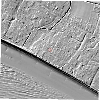 Shaded relief map of the ground around PO208FW, computed from Environment Agency LiDAR. The ground here sits at about 5 m above sea level and falls 9 m across the surrounding 800 m. The ground contributing surface water to this point lies to the south.