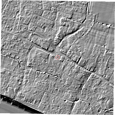 Shaded relief map of the ground around PO208FY, computed from Environment Agency LiDAR. The ground here sits at about 5 m above sea level and falls 8 m across the surrounding 800 m. Surface water reaching this point runs off ground lying to the east, 0.9 m higher.