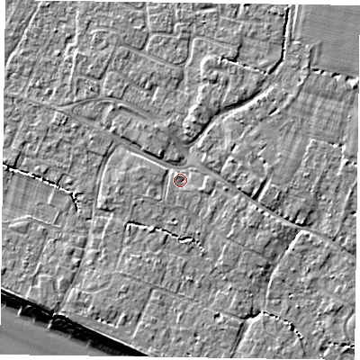 Shaded relief map of the ground around PO208FZ, computed from Environment Agency LiDAR. The ground here sits at about 5 m above sea level and falls 8 m across the surrounding 800 m. Surface water reaching this point runs off ground lying to the north-north-east, 2.1 m higher.