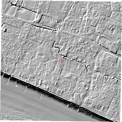 Shaded relief map of the ground around PO208HB, computed from Environment Agency LiDAR. The ground here sits at about 5 m above sea level and falls 9 m across the surrounding 800 m. Surface water reaching this point runs off ground lying to the south-south-west, 1.7 m higher.